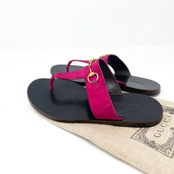 Gucci Marcy Suede Horsebit Leather Thong Sandal Pink Size EU 35.5 - Picture 5 of 6
